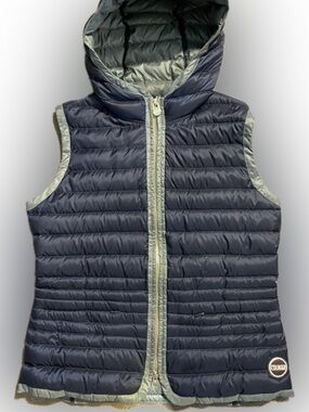 COLMAR Navy/greenish grey trim Puffer Jacket and Gold Zipper; size 44 IT or 8 US